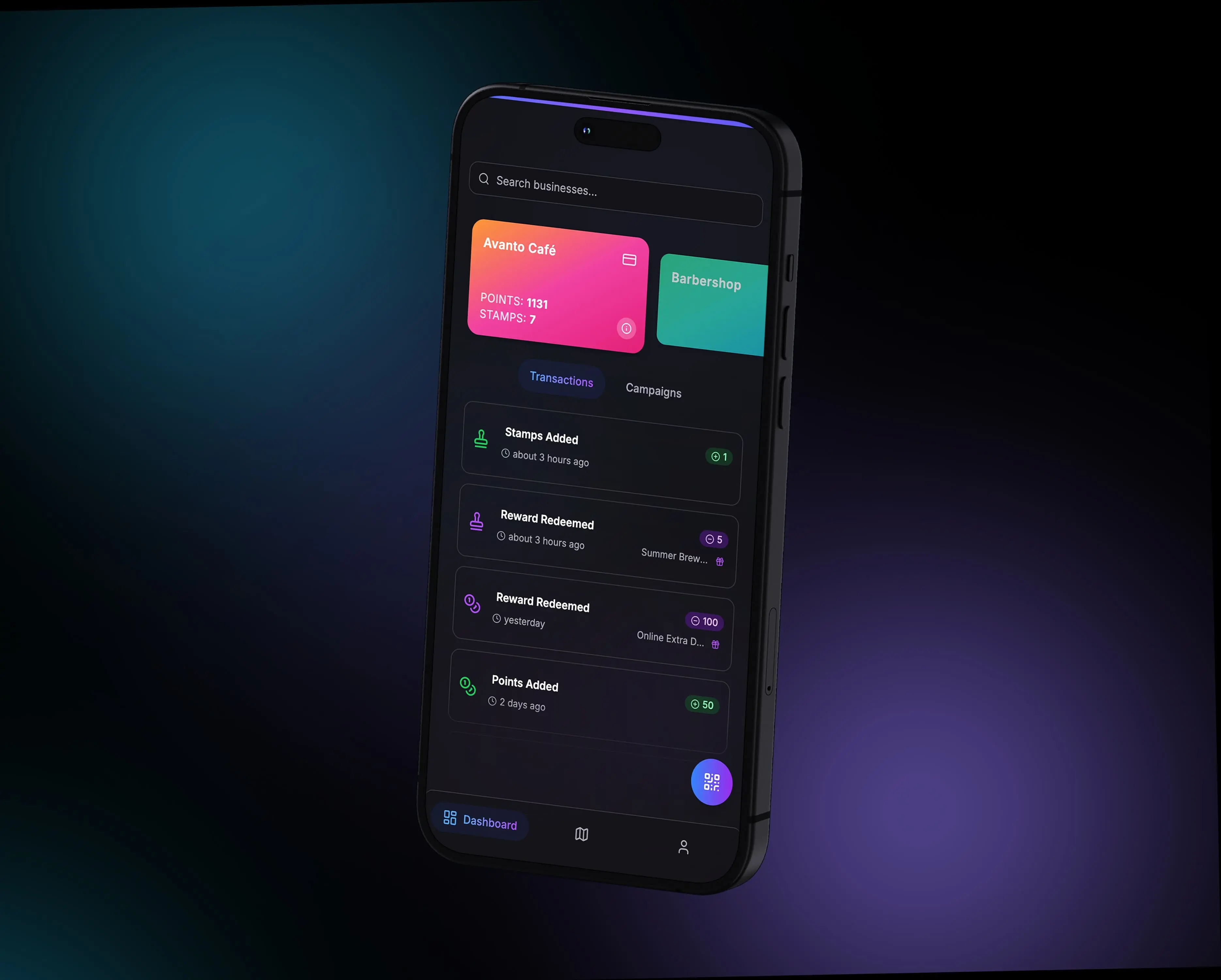 Smartphone showing Avanto loyalty app dashboard with 1131 points, 9 stamps, and recent transactions